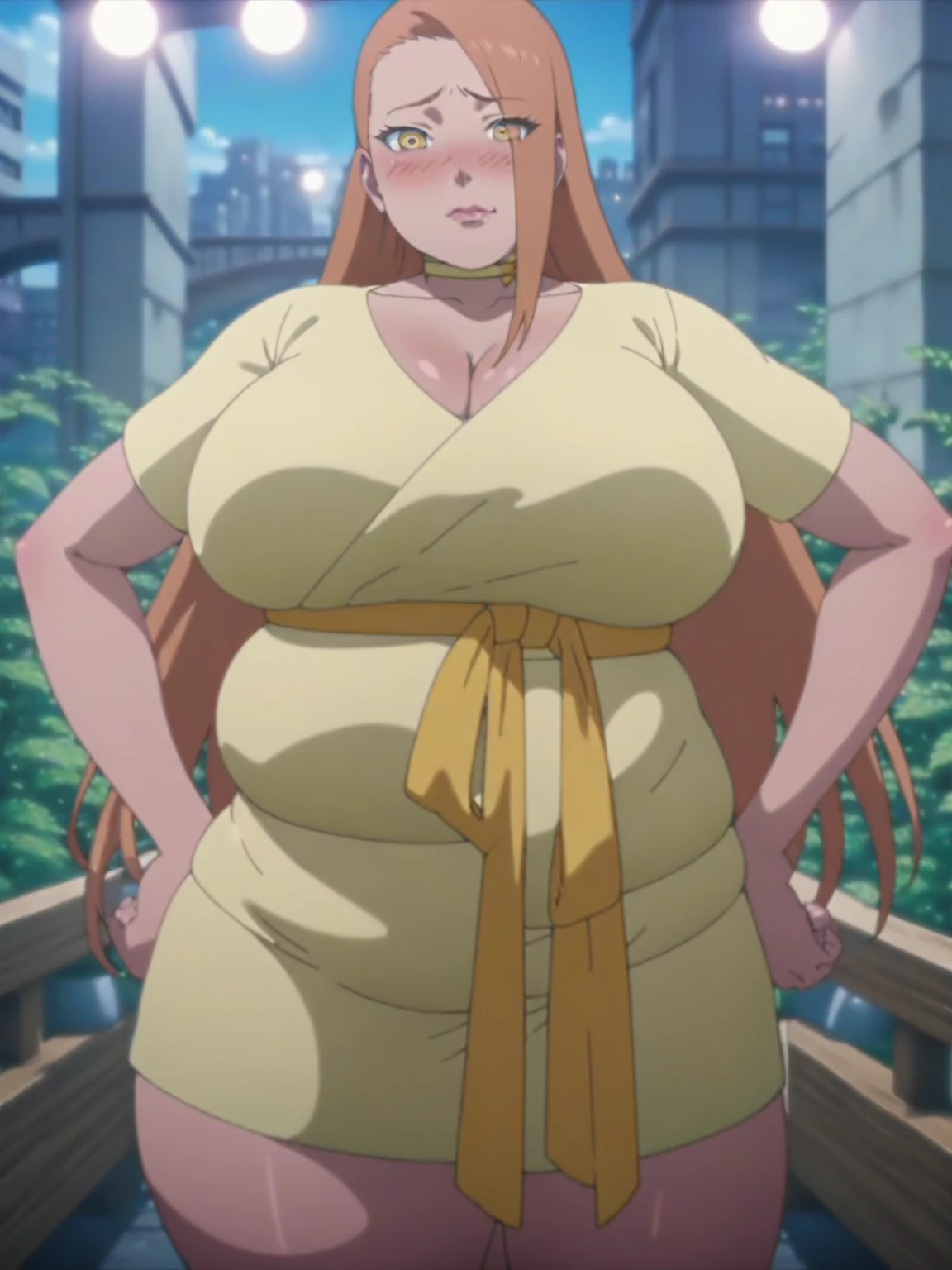 masterpiece, best quality, fat Chocho, obese woman, yellow choker, yellow dress, indoors, shy smile, blush, embarrassed expression, submissive, bold makeup, (beautiful symmetrical perfect detailed deep eyes), (extremely detailed iris), detailed eyes, detailed face, perfect face, (seductive eyes), beautiful face, big cheeks, cute, beautiful lips, elegant, obese body, standing, hand on hip, fully body, looking at viewer, outdoors, bridge, plants, city in background, candid shot, bokeh effect, realistic shadows, volumetric lighting, detailed lighting, colorful, vibrant, hd, absurdes, in style of Masashi Kishimoto (anime coloring, anime screencap, Naruto anime style),
