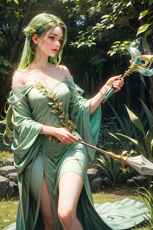 "Create an ultra-realistic image of a stunning 15-year-old female fairy with a delicate, ethereal presence, holding a magical staff imbued with the power of nature. She should be dressed in an elegant, ((((((green)))))) outfit that reflects her connection to the natural world. Surround her with elements of nature, such as blooming flowers, lush greenery, and gentle forest light, to highlight her mastery over this element. Include a distinct nature symbol on her body, indicating her role as the guardian of nature, showcasing the profound, nurturing power of nature she possesses within her."