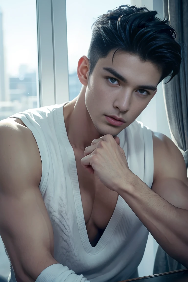 Ultra wide angle,((masterpiece)),((best quality)),8K,High Detail,Very detailed, 2 handsome muscular boys,Very manly,blue eyes,Stylish short hair,Vivid male image, Fashion pose, masculine expression,Real skin texture, Perfect and realistic hand details,Light,
Royal blue style couple,White male model photos