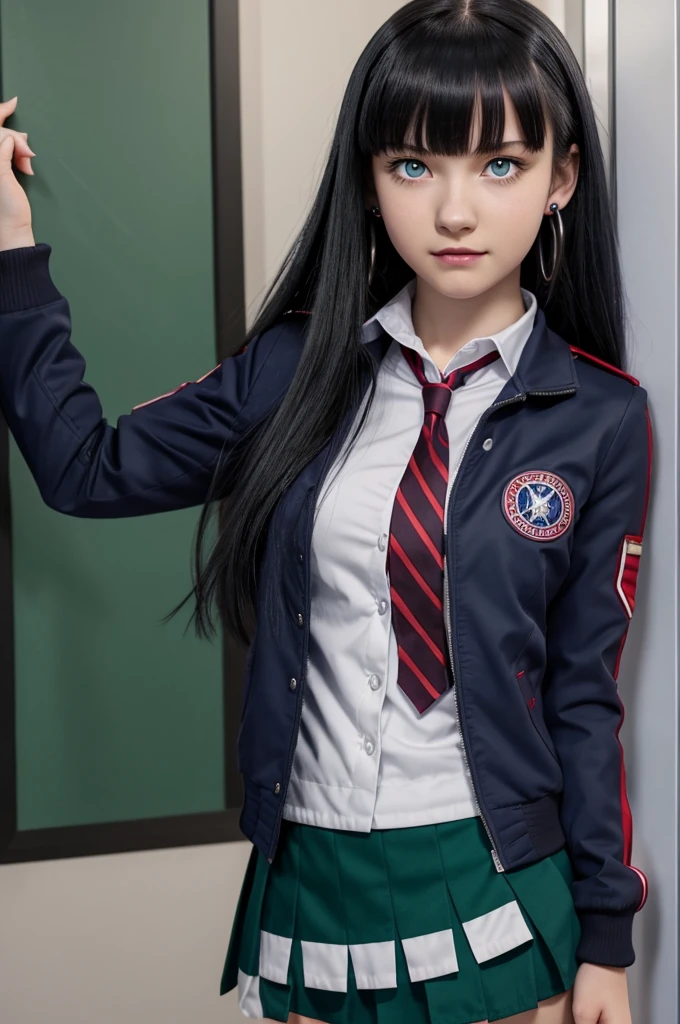 Screenshot of My Hero Academia, 16 year old girl, pale skin, long hair, dark blue hair with bangs, Flirty eyes , wine-red eyes, good body, has fangs, has pierced ears, has a serious expression, is wearing the UA uniform, gray jacket, red tie and green skirt, is outside her classroom