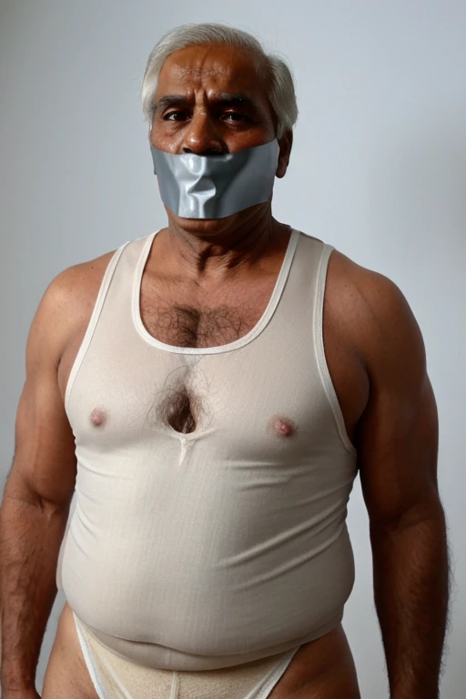 Old indian men,tape gag ,hairy chest, white men singlet, chubby