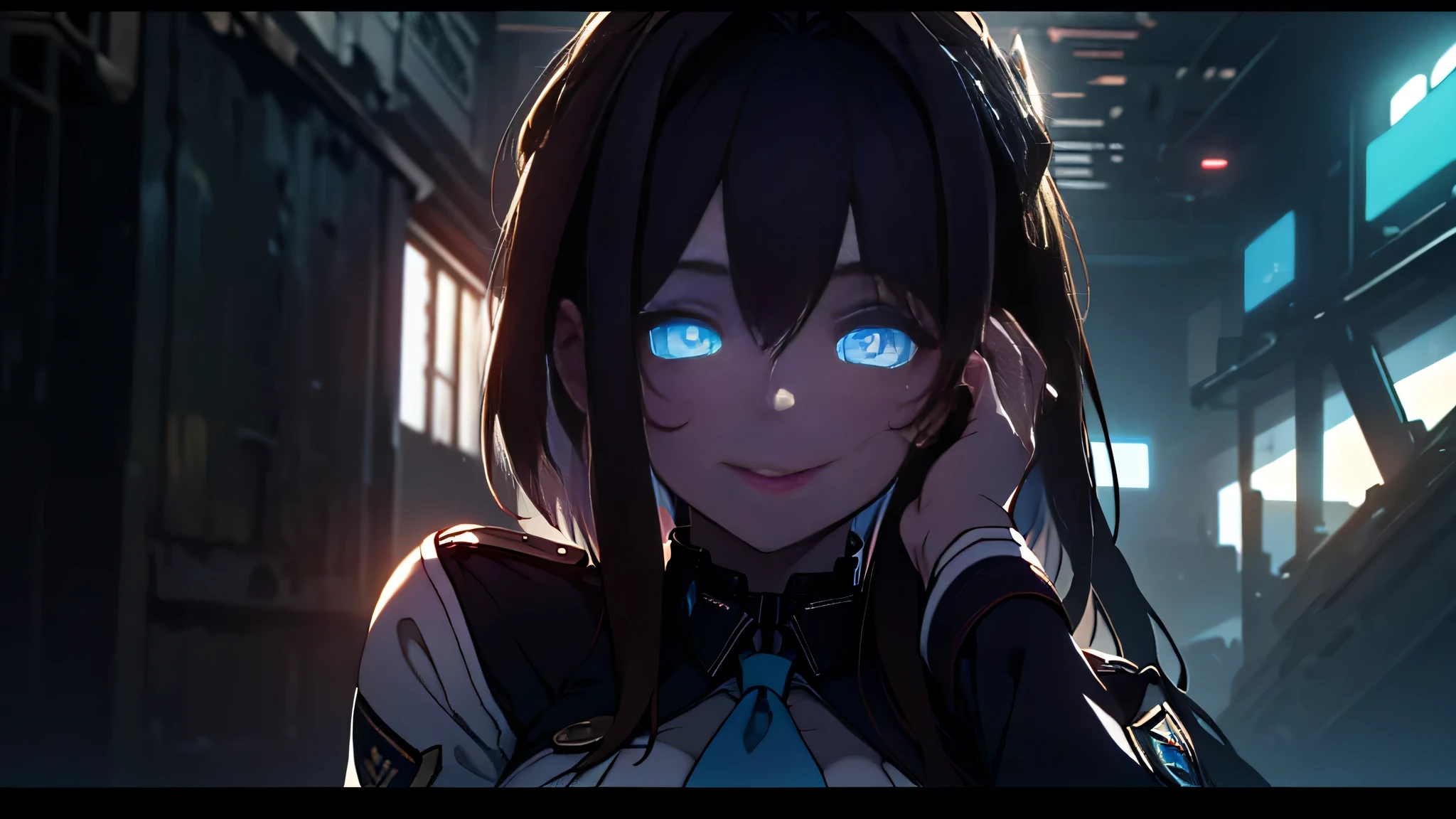 ((Best quality)), ((masterpiece)), (detailed:1.4), 3D, an image of a beautiful cyberpunk female, Yandere , Yandere Face , Trance , Trance Eyes , yameroyandere , constricted pupils , yandere , empty eyes . shaded face , crazy eyes , glowing brown eyes , crazy smile , Marian , tied hair, long brown hair , White Military Uniform , Brown Eyes, Blue Barret, Blue Necktie ,Blue Ribbon , White undercloth, large breasts, HDR (High Dynamic Range),Ray Tracing,NVIDIA RTX,Super-Resolution,Unreal 5,Subsurface scattering,PBR Texturing,Post-processing,Anisotropic Filtering,Depth-of-field,Maximum clarity and sharpness,Multi-layered textures,Albedo and Specular maps,Surface shading,Accurate simulation of light-material interaction,Perfect proportions,Octane Render,Two-tone lighting,Wide aperture,Low ISO,White balance,Rule of thirds,8K RAW,