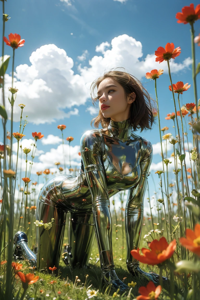 wallpaper，32k，uhd, high details, best quality, highres, masterpiece，1 girl, Looking at the audience, full body,Practical, Long hair, Long hair blown by wind, Bend over and rest，Solitary, Flowers, Sky, Sky, outdoor, short hair, brown Long hair, Science fiction, Vague, Grass, realism, cloud, blue Sky, Chest, Lips, transparent, transparent, transparent,