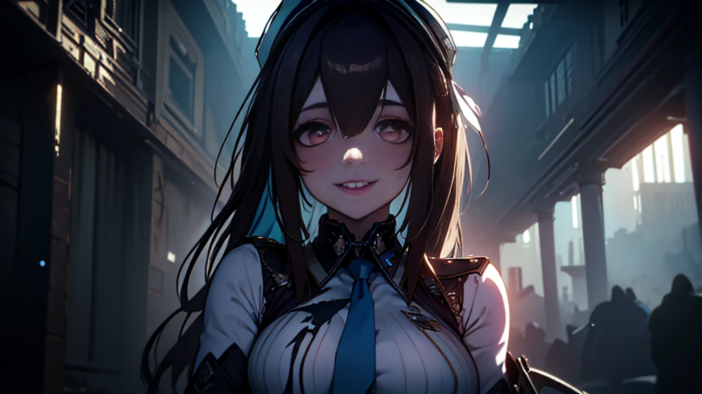 ((Best quality)), ((masterpiece)), (detailed:1.4), 3D, an image of a beautiful cyberpunk female, Yandere , Yandere Face , Trance , Trance Eyes , yameroyandere , constricted pupils , yandere , empty eyes . shaded face , crazy eyes , glowing brown eyes , crazy smile , Marian , tied hair, long brown hair , White Military Uniform , Brown Eyes, Blue Barret, Blue Necktie ,Blue Ribbon , White undercloth, large breasts, HDR (High Dynamic Range),Ray Tracing,NVIDIA RTX,Super-Resolution,Unreal 5,Subsurface scattering,PBR Texturing,Post-processing,Anisotropic Filtering,Depth-of-field,Maximum clarity and sharpness,Multi-layered textures,Albedo and Specular maps,Surface shading,Accurate simulation of light-material interaction,Perfect proportions,Octane Render,Two-tone lighting,Wide aperture,Low ISO,White balance,Rule of thirds,8K RAW,