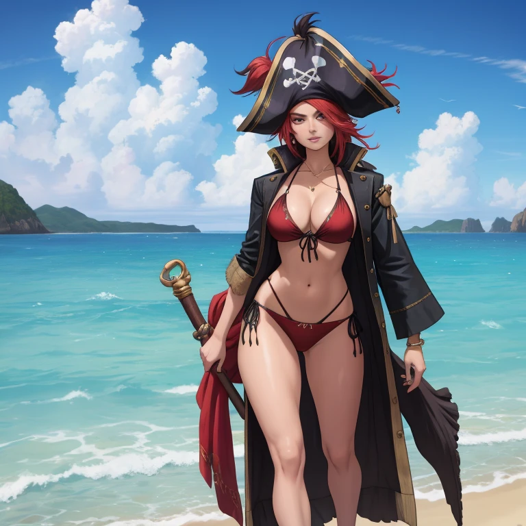 A pirate in a full-length bikini walks along the beach