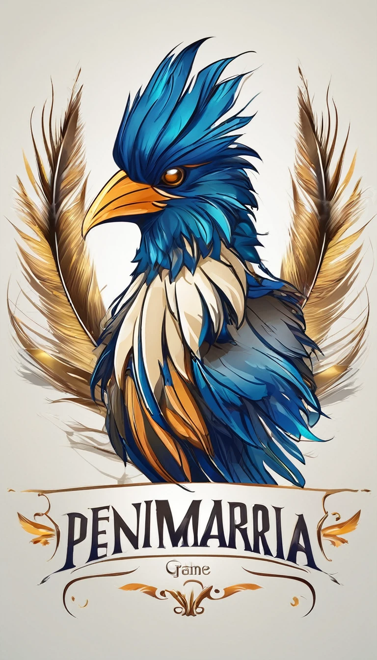 Create a minimalistic, simple, fantastic, easy to understand, logo design of a boy and a feather for an upcoming Fantasy Role Playing Game called " Penamemoria". The game is about a world full of bird and feathers. A boy enters that world and discovers his true artistic identity. Create a logo design that transmits the essence of this videogame. It´s a fantasy game, with fantasy elements. Create the fantastic logo in the center and a fantasy theme as background with feathers and fantasy birds. Use the colours blue, white, golden in the logo. The logo design must convey a sense of fantasy, dreams and music. Must convey a feeling of being a true Dreamer.