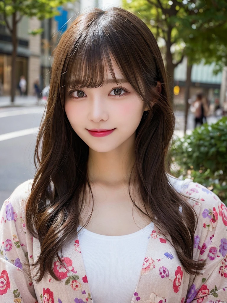 masutepiece, Best Quality, Illustration, Ultra-detailed, finely detail, hight resolution, 8K Wallpaper, Perfect dynamic composition, Beautiful detailed eyes, Women's Fashion Summer,Medium Hair,Small breasts natural color lip, Bold sexy poses,Smile,Harajuku、20 years girl、Cute、Sexy shot looking at camera