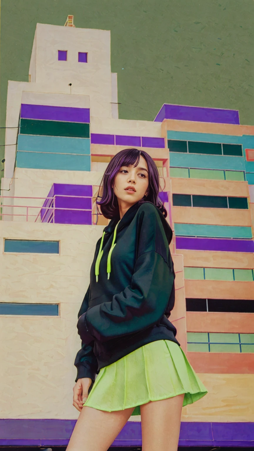 1 girl, beautiful, black bob hair, almond eye, no makeup, ((green color neon oversized hoodie)), (purple tennis skirt),elegant pose in front of ((80's mondrian architecture colorful motel)),(from below:1.2), (realistic:1.1), (surreal:1.2), (very detailed:1.1), ((masterpiece)),summer, blue sky, palm trees,sunny, los angles vibes