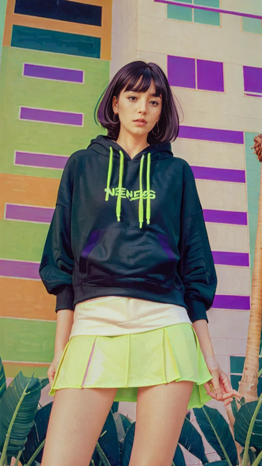 1 girl, beautiful, black bob hair, almond eye, no makeup, ((green color neon oversized hoodie)), (purple tennis skirt),elegant pose in front of ((80's mondrian architecture colorful motel)),(from below:1.2), (realistic:1.1), (surreal:1.2), (very detailed:1.1), ((masterpiece)),summer, blue sky, palm trees,sunny, los angles vibes