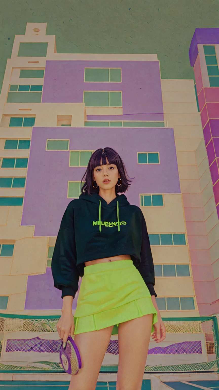 1 girl, beautiful, black bob hair, almond eye, no makeup, ((green color neon oversized hoodie)), (purple tennis skirt),elegant pose in front of ((80's mondrian architecture colorful motel)),(from below:1.2), (realistic:1.1), (surreal:1.2), (very detailed:1.1), ((masterpiece)),summer, blue sky, palm trees,sunny, los angles vibes