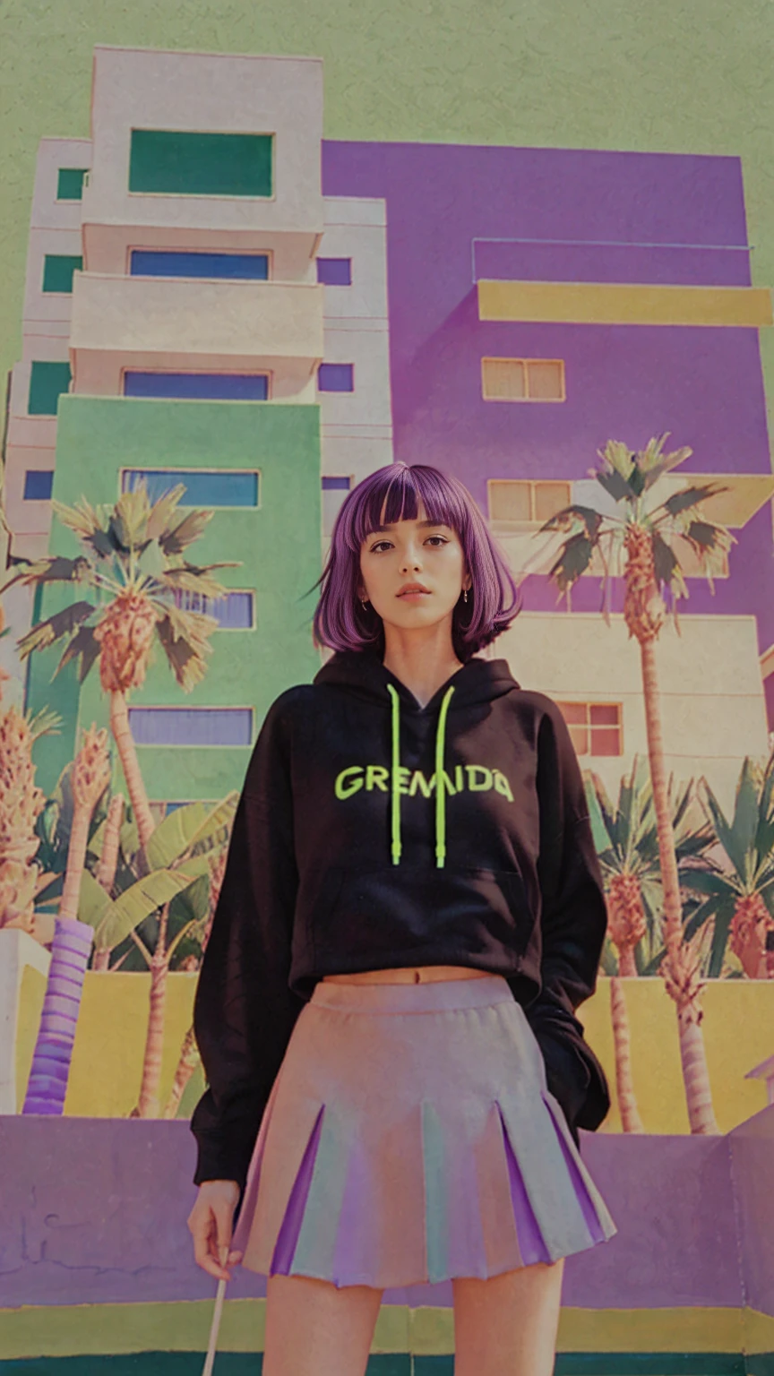 1 girl, beautiful, black bob hair, almond eye, no makeup, ((green color neon oversized hoodie)), (purple tennis skirt),elegant pose in front of ((80's mondrian architecture colorful motel)),(from below:1.2), (realistic:1.1), (surreal:1.2), (very detailed:1.1), ((masterpiece)),summer, blue sky, palm trees,sunny, los angles vibes
