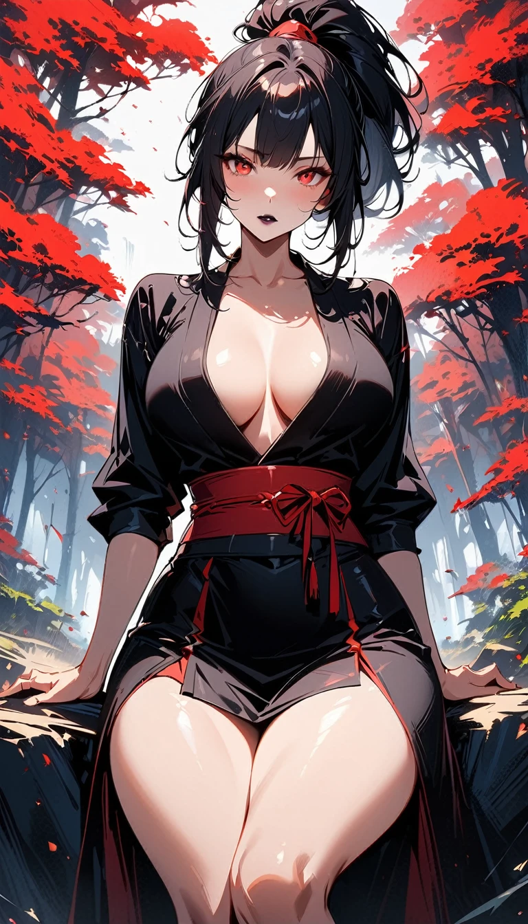 (high quality, 8k, 4K, high contrast, artwork:1.2, high quality, best aesthetics), (dynamic angle), ((1 woman)), erotic, sensual, mature body, super detailed, beautiful face detailed, beautiful eyes detailed, detailed beautiful mouth, sexy body, perfect breats, perfect wide thighs, black hair, short black hair, ponytail hair, red eyes, serious facial expression, women's black ninja kimono with red clouds printed, black lipstick, kunoichi, ninja girl, forest, sitting on top of a rock, centered, looking at the viewer.