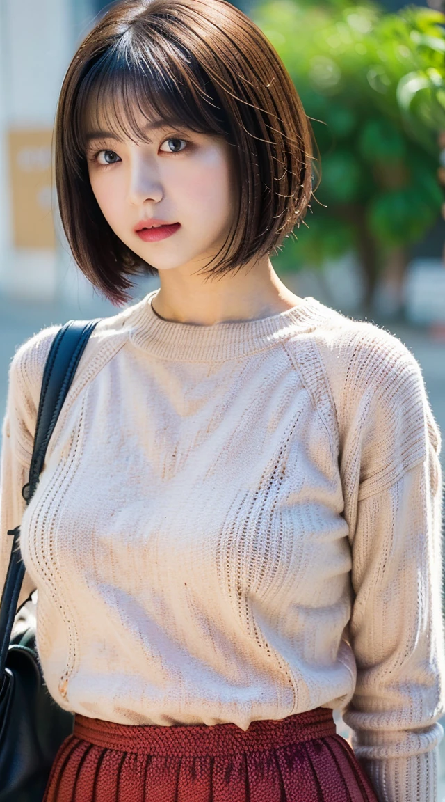  Highest quality, shape, Very detailed, finely, High resolution, 8k wallpaper, 完璧なダイナミックな構shape, Beautiful and exquisite,  Natural Lip, whole body, front,Shyness、Embarrassed expression、Large Breasts、Slightly sagging breasts、Bob Cut Hair、University classroom、Pleated skirt、((Looking into the camera))、Brown Hair、sweater、Carry a shoulder bag diagonally across your shoulder、ノースリーブsweater、The strap of the bag goes between your breasts, 