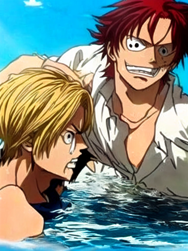 Anime scene of man and woman in water, Portrait of Shanks le Roux, Luffy, Animated masterpiece, from one piece, one piece, Luffy (one piece, Sanji, Monkey D Luffy, Today's featured anime is still, Luffy from one piece, Monkey D. Luffy, in a Animated masterpiece, one piece artstyle, Profile photo, manga"