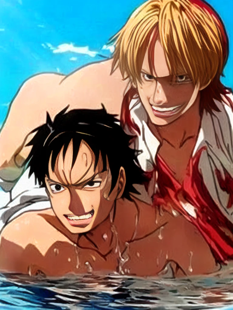 Anime scene of man and woman in water, Portrait of Shanks le Roux, Luffy, Animated masterpiece, from one piece, one piece, Luffy (one piece, Sanji, Monkey D Luffy, Today&#39;s featured anime is still, Luffy from one piece, Monkey D. Luffy, in a Animated masterpiece, one piece artstyle, Profile photo, manga&quot;