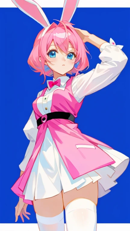 A with pink hair and blue eyes wears an anime bunny girl outfit.
