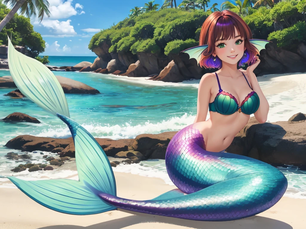 masterpiece, best quality:1.2), 1girl, smile, looking at viewer, green eyes, short brown multicolored hair, mermaid, mermaid girl, wearing purple seashell bra, laying on belly on beach, colorful mermaid tail, outdoors, head fins, fin ears