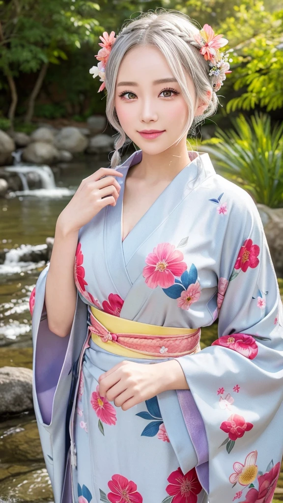 Beautiful silver-haired woman in a kimono、Gorgeous floral patterned kimono、My cute girlfriend is a kimono model...、Red eyes、Beautiful smile、He is short、Braiding、hair ornaments、Colorful and gorgeous kimono、Natural Makeup、Hot Spring Background