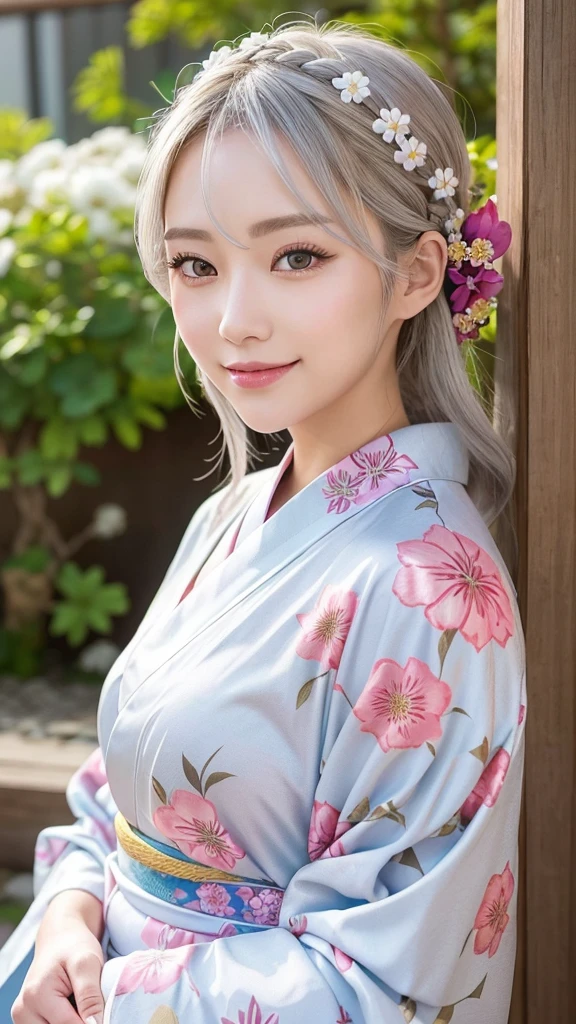Beautiful silver-haired woman in a kimono、Gorgeous floral patterned kimono、My cute girlfriend is a kimono model...、Red eyes、Beautiful smile、He is short、Braiding、hair ornaments、Colorful and gorgeous kimono、Natural Makeup、Hot Spring Background
