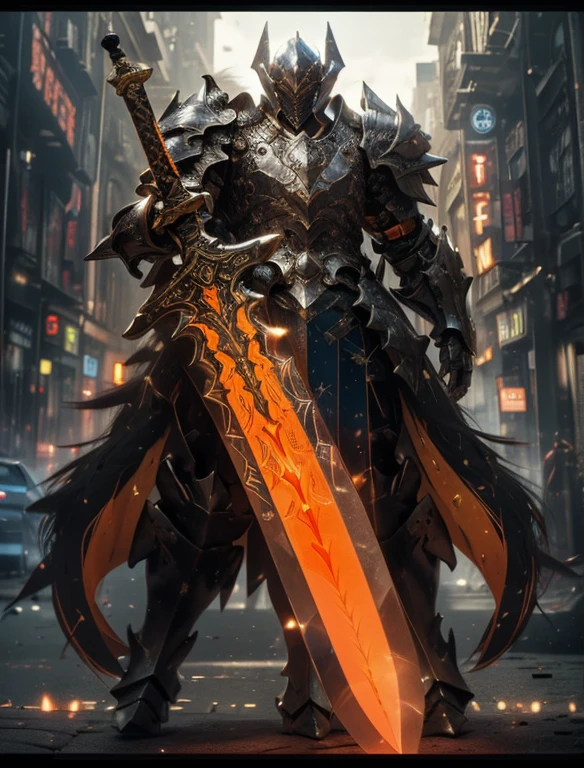 ((1 beautiful technological warrior with armor and long sword, ultra detailed black and orange)),Raw photo,ultra realistic, uhd, realistic skin and metal, best quality,16k resolution,vivid colors