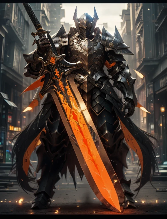 ((1 beautiful technological warrior with armor and long sword, ultra detailed black and orange)),Raw photo,ultra realistic, uhd, realistic skin and metal, best quality,16k resolution,vivid colors