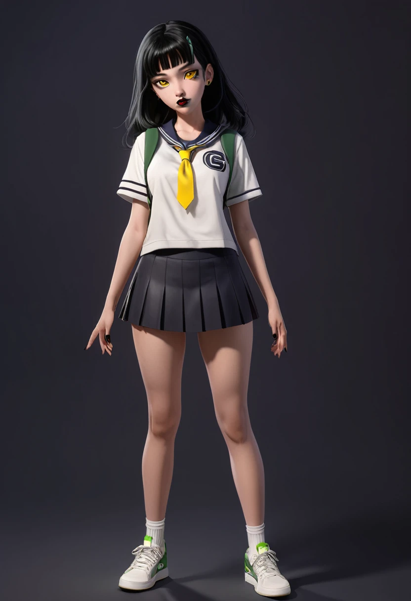 Green Screen,Plain background,High School Uniform:2,One girl,sneakers,XG,Standing pose,whole body,Black Hair,Yellow Eyes,eyelash,eye shadow,(Black lipstick:1.2),Nose Piercing,Lip Piercing,anime,high school student,Korean Girls,Staring at the audience,In-person audience,Expressionless,masterpiece,Highly detailed CG Unity 8k wallpaper, Highest quality,32k,Sharpen your focus