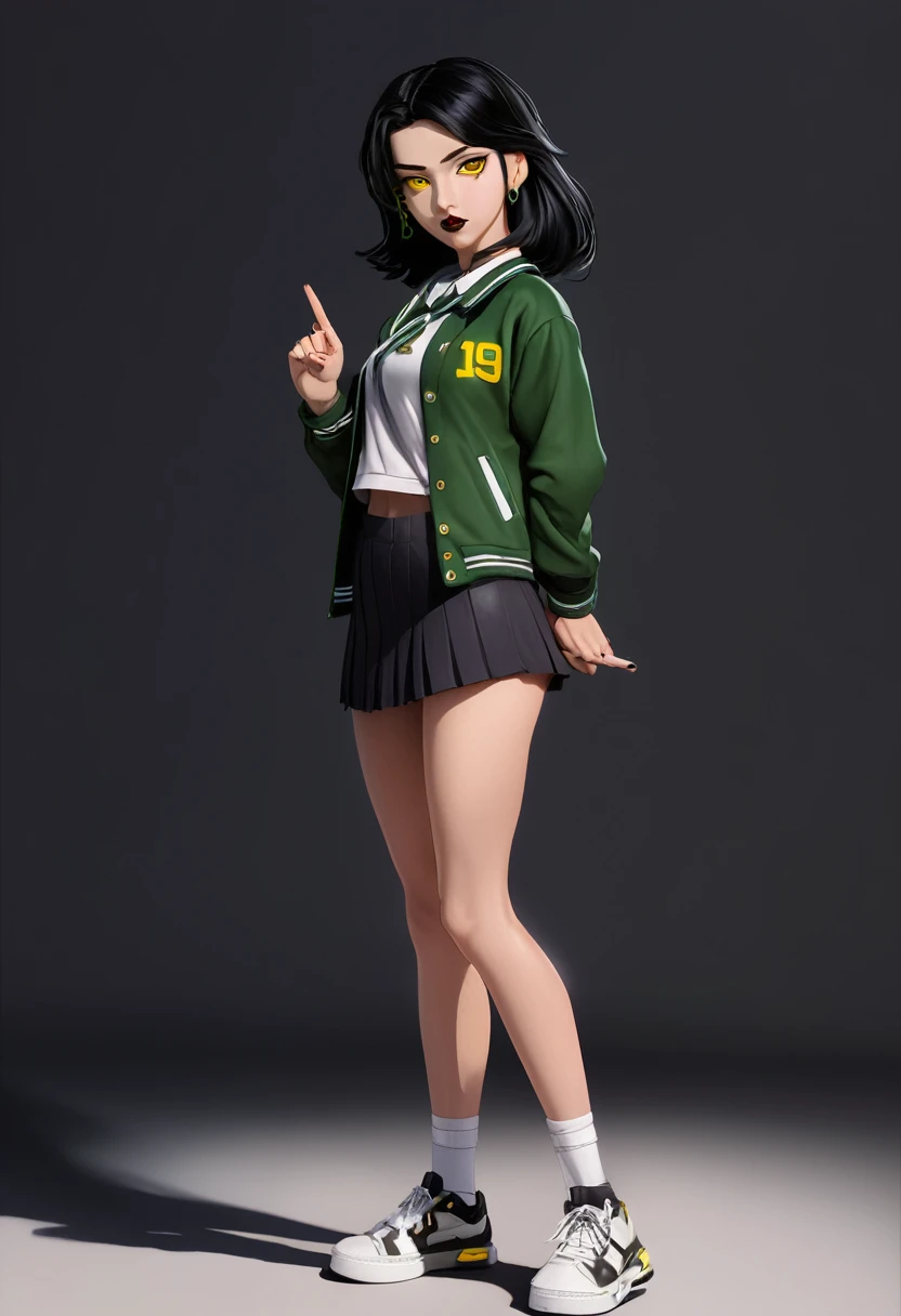 Green Screen,Plain background,High School Uniform:2,One girl,sneakers,XG,Standing pose,whole body,Black Hair,Yellow Eyes,eyelash,eye shadow,(Black lipstick:1.2),Nose Piercing,Lip Piercing,anime,high school student,Korean Girls,Staring at the audience,In-person audience,Expressionless,masterpiece,Highly detailed CG Unity 8k wallpaper, Highest quality,32k,Sharpen your focus