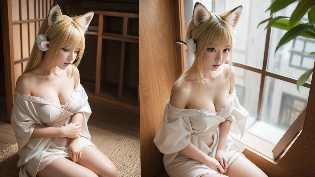 high resolution。Camera angle looking down from above。Sitting down、Girl sitting。Duck sitting。breast enhancement。Bust Emphasis。Off-the-shoulder kimono。Face down and eyes up。Blonde fox ears。Voluptuous Body。