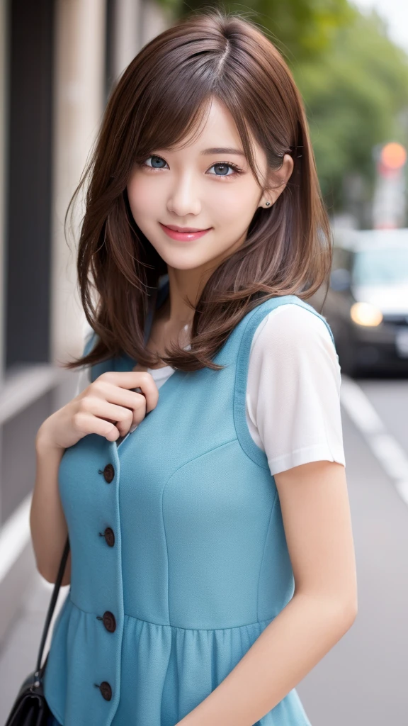 ((masterpiece)), ((best quality)), (ultra-detailed), ((kawaii)), cute, ((lovely)), (sexy), ero, ((extremely detailed)), (detailed fingers), (8K), 4K, (beautiful), illustration, body shot:1.3, dynamic pose, looking away, (downtown area, tokyo), a cute woman, 1woman, solo, Japanese, (peplum gilet blouse), (beautiful brown hair:1.3), (shaggy cut), ((beautiful hair)), tareme:1.5, beautiful blue eyes, ((beautiful eyes)), white teeth, (smile), blush, shiny,