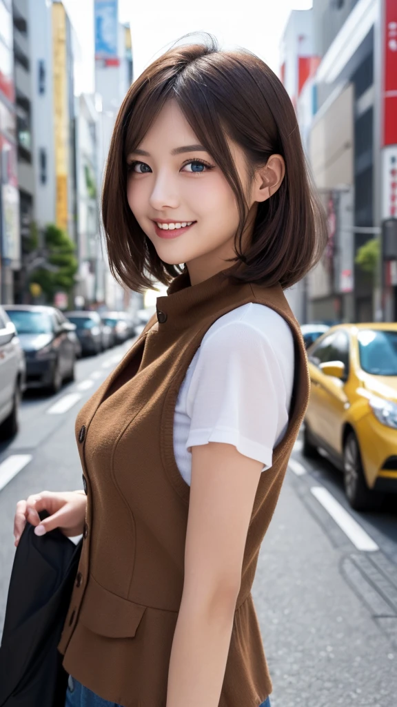 ((masterpiece)), ((best quality)), (ultra-detailed), ((kawaii)), cute, ((lovely)), (sexy), ero, ((extremely detailed)), (detailed fingers), (8K), 4K, (beautiful), illustration, body shot:1.3, dynamic pose, looking away, (downtown area, tokyo), a cute woman, 1woman, solo, Japanese, (peplum gilet blouse), (beautiful brown hair:1.3), (shaggy cut), ((beautiful hair)), tareme:1.5, beautiful blue eyes, ((beautiful eyes)), white teeth, (smile), blush, shiny,