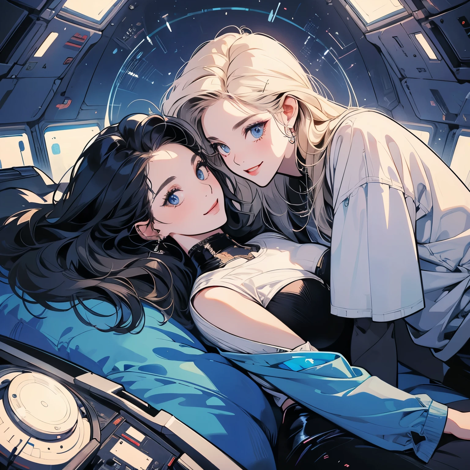(((beautiful "Two women" leaning against each other))), inside a spaceship, perfect machine, perfect face, zero gravity, outer space, lots of wires, switchboard, perfect and detailed machine, detailed hair, (((Various angles))), most beautiful woman, (((head shot))) , Super detailed background, top quality,Various unique hairstyles, Ghost in the Shell, gradient eyes, Outer space in the background, Unique and perfect face, Pale Lighting,(((lying)),smile