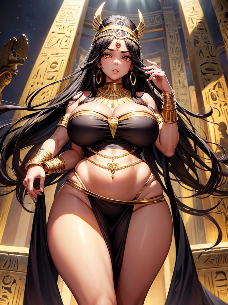 1 woman, black hair, very long hair, golden eyes, beautiful eyes, big eyes, big lips, glossy lips, very curvy body, big breasts, long legs, big butt, wide hips, thick thights, defined image, seductive gaze, ancient Egyptian, ancient Egyptian queen, big gold earring, gold necklace, gold bracelets, white dress, sexy, eating grapes