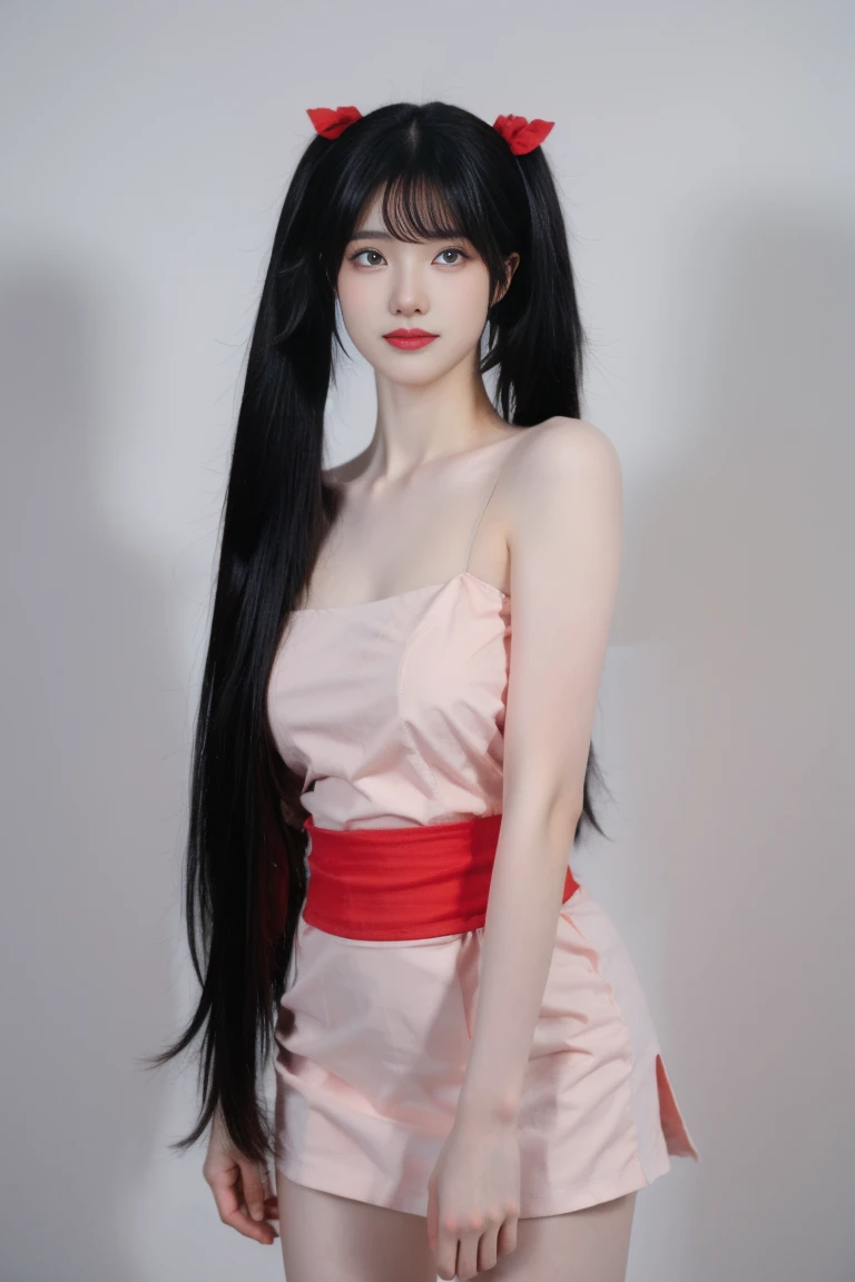 best quality, tmasterpiece,Ultra-high resolution,Clear face,(Reality:1.4),ferpect lighting,(upper body photo:1.3), (photorealistic:1.50), anime wallpaper, Guviz style artwork, cover-up fantasy up to magic , by Yang J, Guviz, beautiful artwork illustration, beautiful digital artwork, beautiful digital illustration, Li Song, beautiful anime portrait, art style in Beauvot,1girl, 独奏, long hair, black hair, (twintails:1.5), (red hair ribon:1.3), Mask on hair, hair ornament, yellow eyes, white Tenk top, black Short pencil skirt, (standing:1.5),