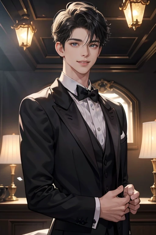1 boy, Young male, Perfect male body, face to camera, (Butler,black tuxedo, smile),color difference, Depth of field, dramatic shadow, Ray tracing, Best quality, Cinematic lighting, Extremely detailed CG, 8k wallpaper,