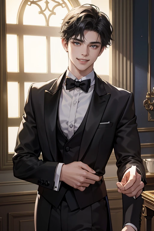 1 boy, Young male, Perfect male body, face to camera, (Butler,black tuxedo, smile),color difference, Depth of field, dramatic shadow, Ray tracing, Best quality, Cinematic lighting, Extremely detailed CG, 8k wallpaper,