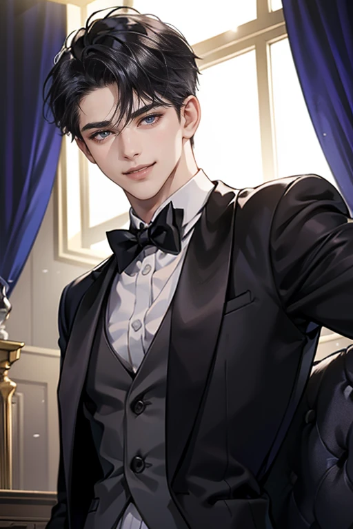 1 boy, Young male, Perfect male body, face to camera, (Butler,black tuxedo, smile),color difference, Depth of field, dramatic shadow, Ray tracing, Best quality, Cinematic lighting, Extremely detailed CG, 8k wallpaper,