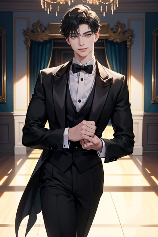 1 boy, Young male, Perfect male body, face to camera, (Butler,black tuxedo, smile),color difference, Depth of field, dramatic shadow, Ray tracing, Best quality, Cinematic lighting, Extremely detailed CG, 8k wallpaper,