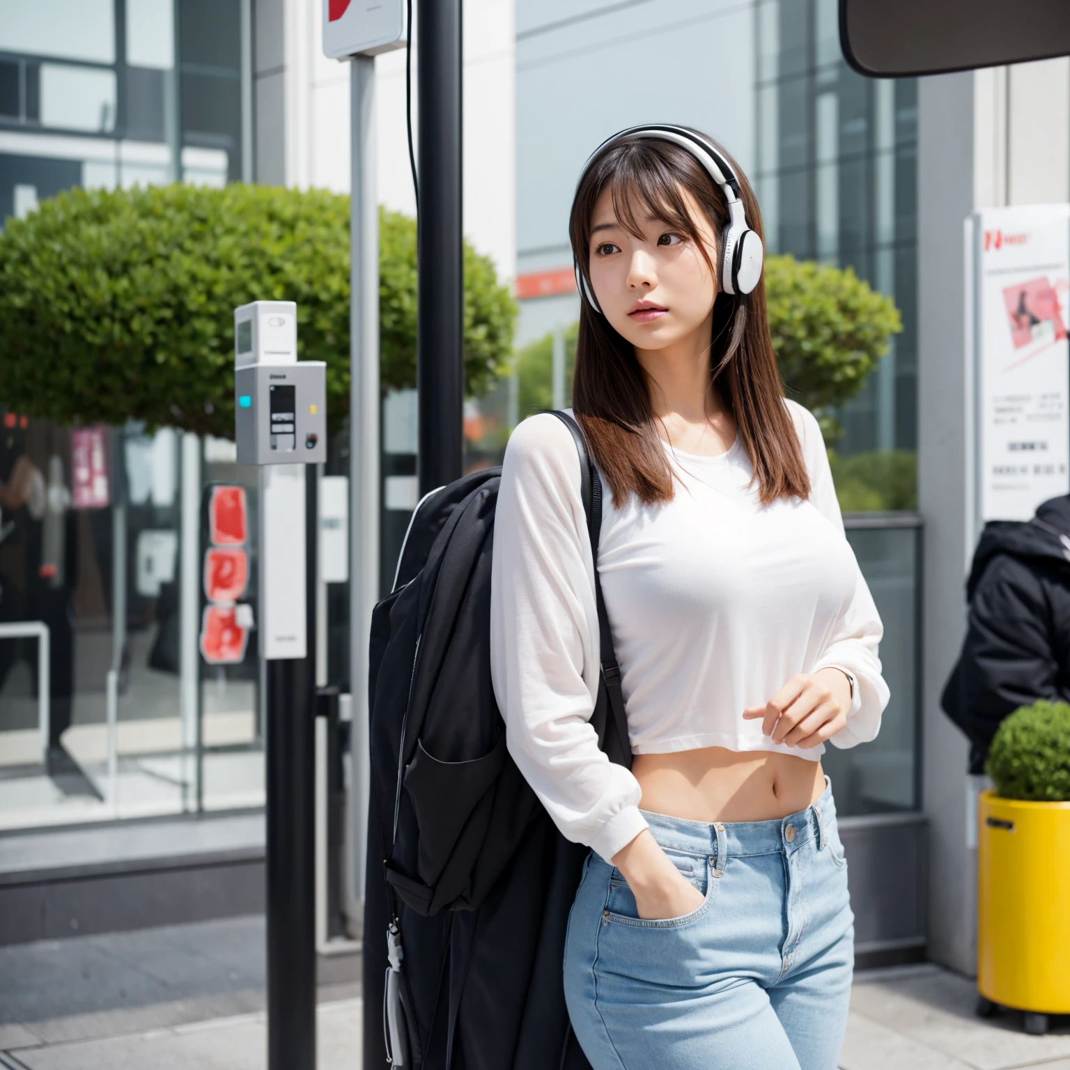 Japanese woman, alone, wireless headphones