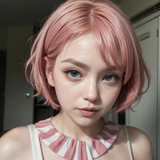 Woman, short pink hair, clown make up