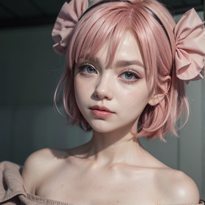 Woman, short pink hair, clown make up