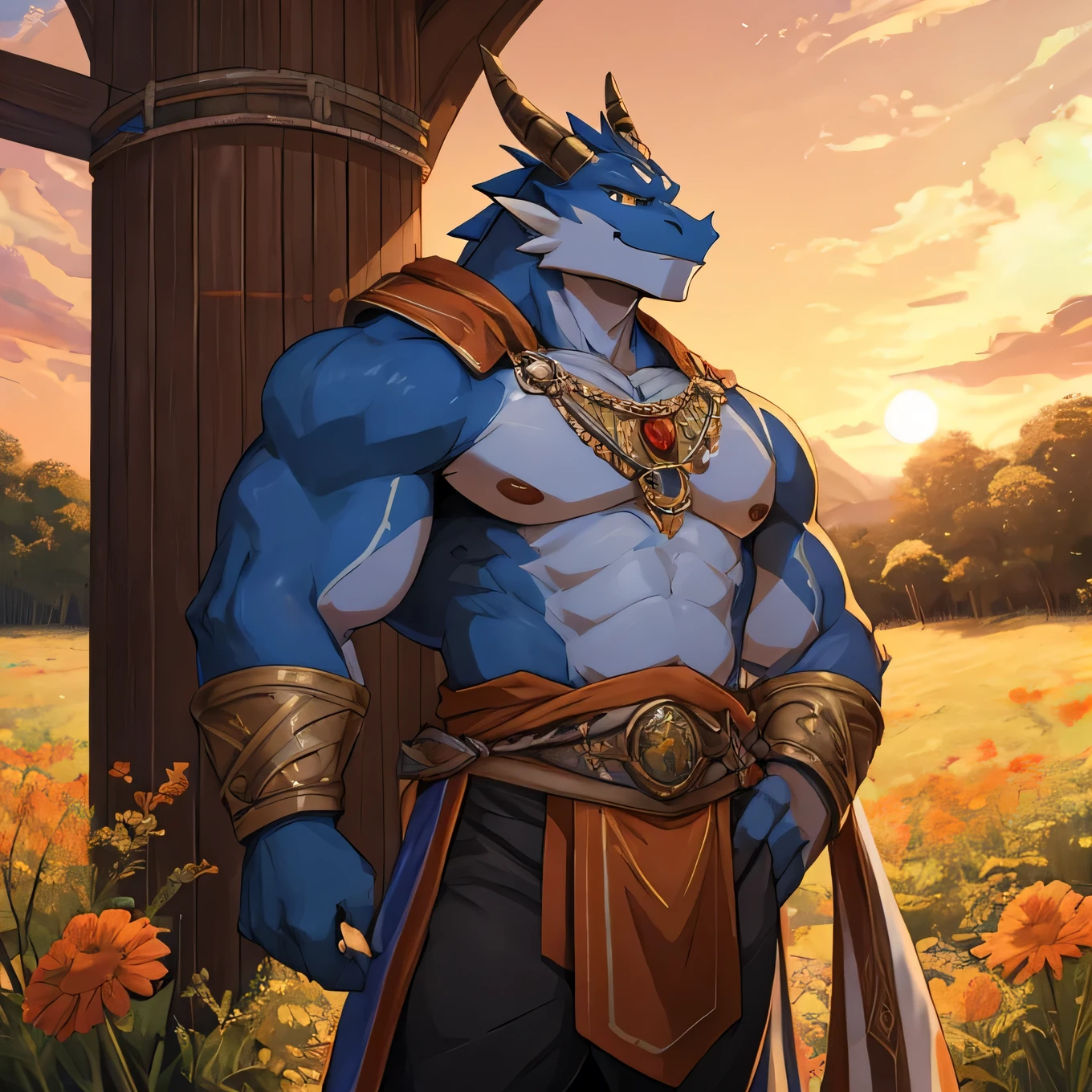 Masterpiece, Male, dragon, tall, blue body, blue belly, golden eyes, detailed eyes, bara, detailed muscle, detailed face, light smile, crystal imbeded in chest, common fantasy adventurer clothing, sorcerer style, pants, half body portrait, open grass field, orange sky with clouds, sunset, smooth lighting
