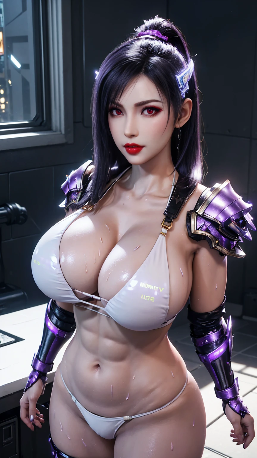A BUSTY MILF, CLOSE UP UPPER BODY,SOLO,(BEAUTY BLACK HAIR, GOLD DRAGON HORN), (MASSIVE FAKE BOOBIES,CLEAVAGE TOP,MUSCULAR ABS:1.5), ((WEARING OUTFIT (LED PURPLE, WHITE SNINY) CYBERPUNK GIRL BIKINI ARMOR:1.5)),(CURVY VOLUPTUOUS BODY SHAPE:1.5), (SWEATY GLOSSY BODYSKIN:1.5), (LOOKING AT VIEWER:1.6), (BACKGROUND FUTURISTIC SPACE STATION:1), (PHOTOREALSITIC:1.4), (ULTRA-DETAILLIERT), (TOP-QUALITY), (BEST SHADOWS), BRIGHT LIGHT IN ROOM, HYPER TEXTURE, (4X MSAA), ((UNREAL ENGINE 5 RENDER)), PHYSICALLY-BASED RENDERING, ULTRA HIGHT DEFINITION, 16K, 1080P.