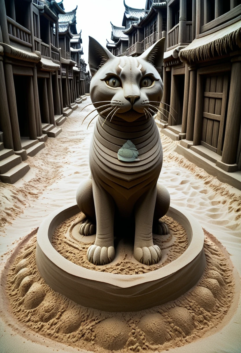 Sand sculpture style, The nine-life cat demon moves lightly through the ancient alleys，Every tail hides a secret，Tenacious vitality，Beyond the Boundaries of Death，Strong sense of déjà vu。