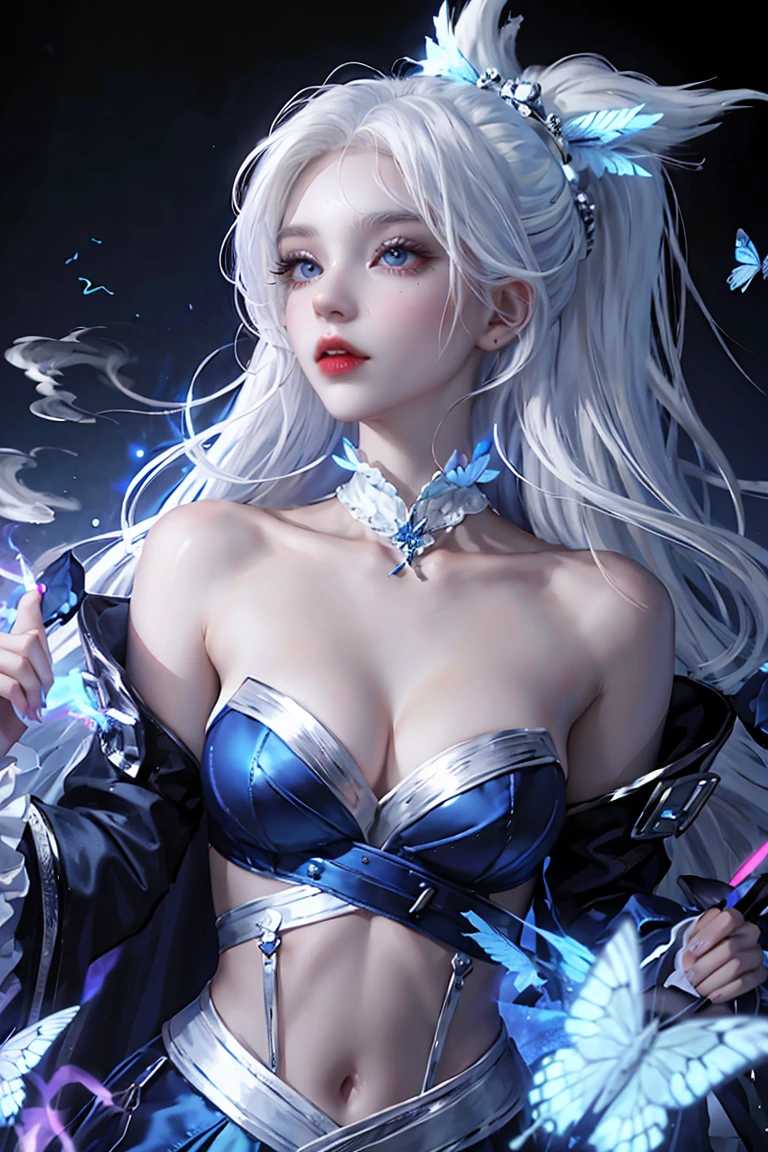 the night,((1个Giant Breast Girl)),Solitude,tmasterpiece,8k wallpaper,A high resolution,hoang lap,High quality background,bob-cut hair,multicolour hair,Beautiful frozen village,(moon full),a blue dress,Detailed dress,Jewelry skirts,(magia:1.2),Blue Flame,blue color eyes,glowing light eyes,firey,Ice Goddess,(Blue delicate and beautiful crown),eletric,Blue electricity,Blue light particles,—v6