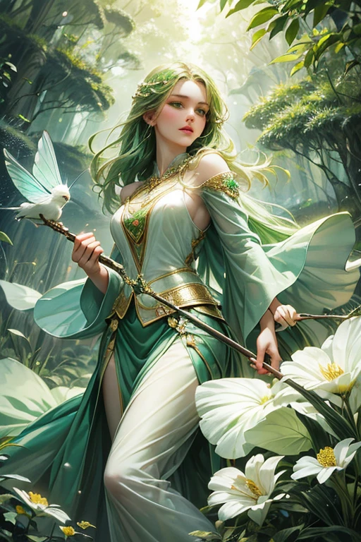 "Create an ultra-realistic image of a stunning 15-year-old female fairy with a delicate, ethereal presence, holding a magical staff imbued with the power of nature. She should be dressed in an elegant, ((((((green)))))) outfit that reflects her connection to the natural world. Surround her with elements of nature, such as blooming flowers, lush greenery, and gentle forest light, to highlight her mastery over this element. Include a distinct nature symbol on her body, indicating her role as the guardian of nature, showcasing the profound, nurturing power of nature she possesses within her."