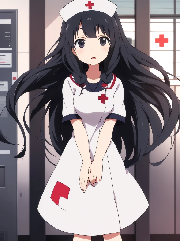 Itsuki_Pleiades, 1girl, solo, long hair, black hair, black eyes,
nurse, red cross, hospital,
masterpiece, high quality, very_high_resolution, large_filesize, full color,