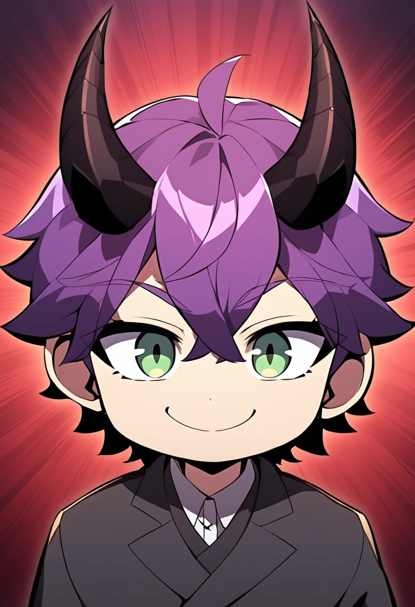 (fantasy_style:1.25), top-quality、((Deformed))、Boy with purple short hair、Green eyes、demonic horns、A smile, black coat, boy