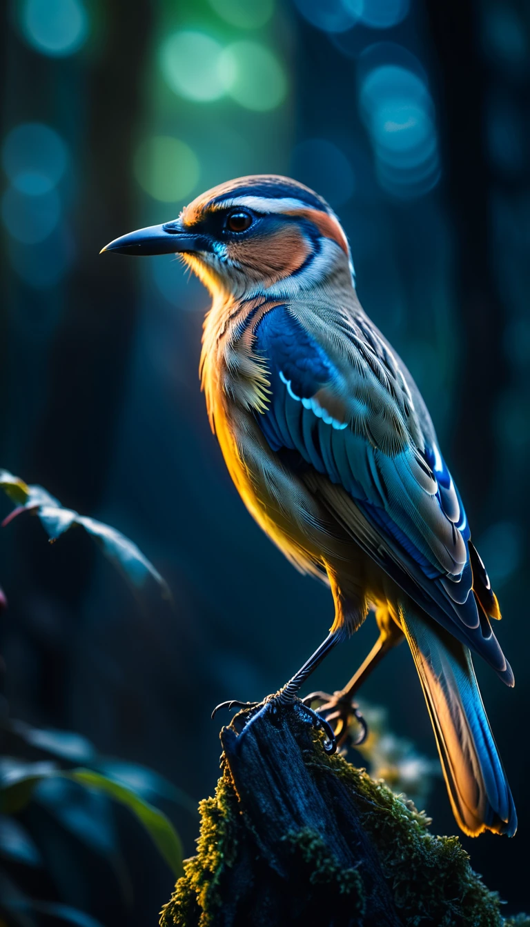 A beautiful portrait Bird. The photography is in the fantasy art style with soft lighting and a cinematic feel, glow, night, nature