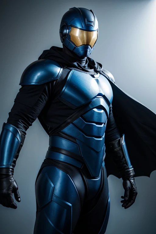 highres:1.2), ultra-detailed, realistic, superhero man, godly metal black armor with bits of blue, black cape, black gloves, black stripes on both sides of arms with blue, no logo on armor, wears a fully black astronaut helmet with golden visor, superhero base, cinematic lighting, dramatic shadows, volumetric lighting, epic fantasy, hyper detailed, majestic, awe-inspiring, heroic, powerful pose