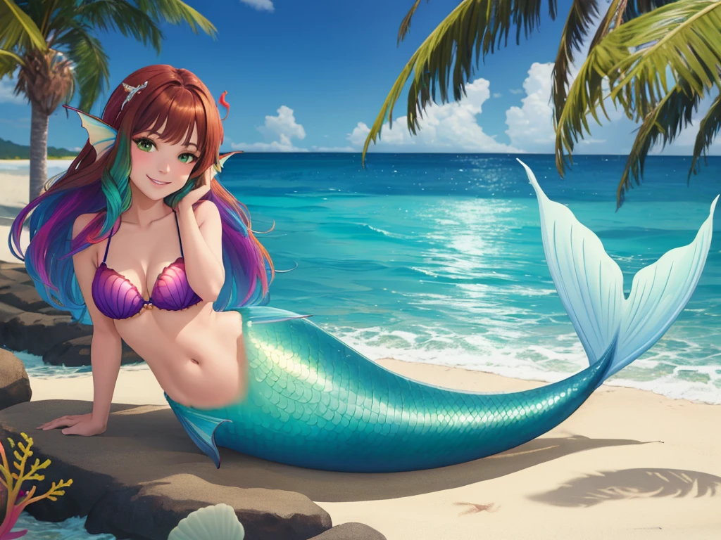 masterpiece, best quality:1.2), 1girl, smile, looking at viewer, green eyes, short brown multicolored hair, mermaid, mermaid girl, wearing purple seashell bra, laying on belly on beach, colorful mermaid tail, outdoors, head fins, fin ears